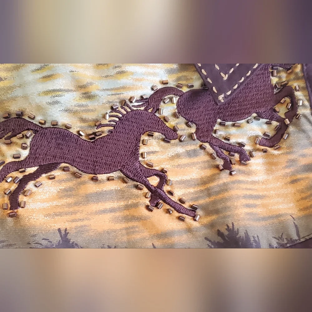 Vintage Brown Reba Beaded Western Rodeo Horses Button Down Long Sleeve Shirt Med - Picture 5 of 12